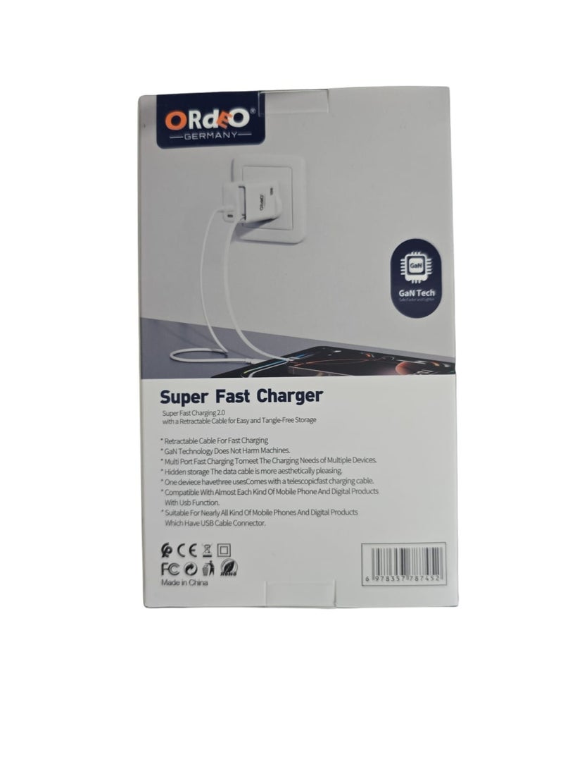 Ordeo Germany 80W GaN Super Fast Charger with Retractable Cable – Dual Port USB Charger with Fast Charging 2.0 - Image 2